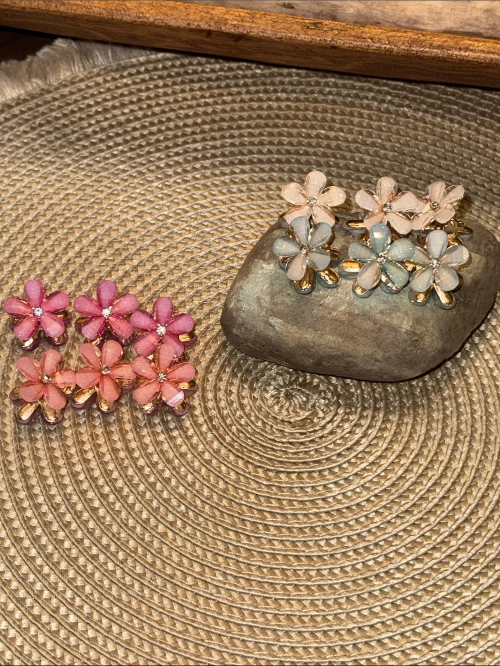 Pink or Blue Set of Flower Crystal Metal Hair Clips (Each Come as Set of 6)